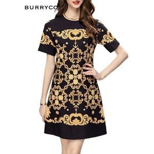 NWT BURRYCO Black and Gold Beaded Short Sleeve A-line Beautiful Dress -
